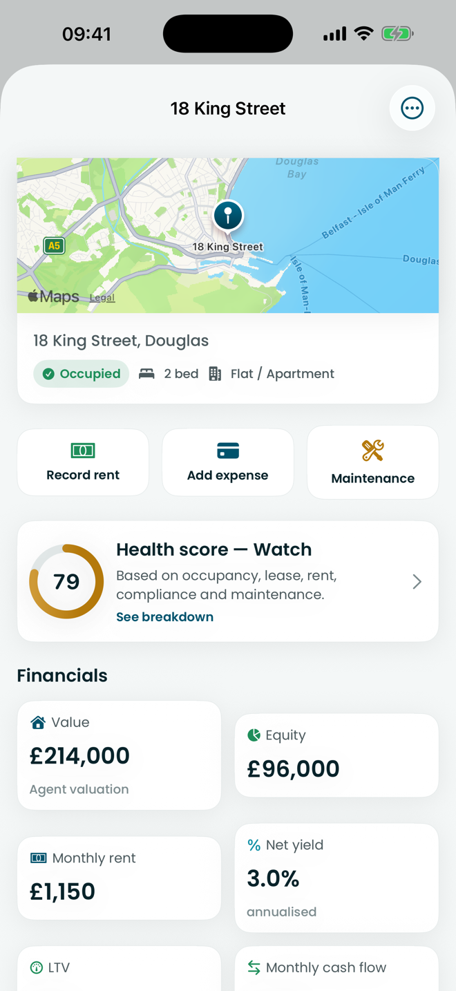 A Rentlor property detail screen for 18 King Street showing a map, health score of 79 and financials